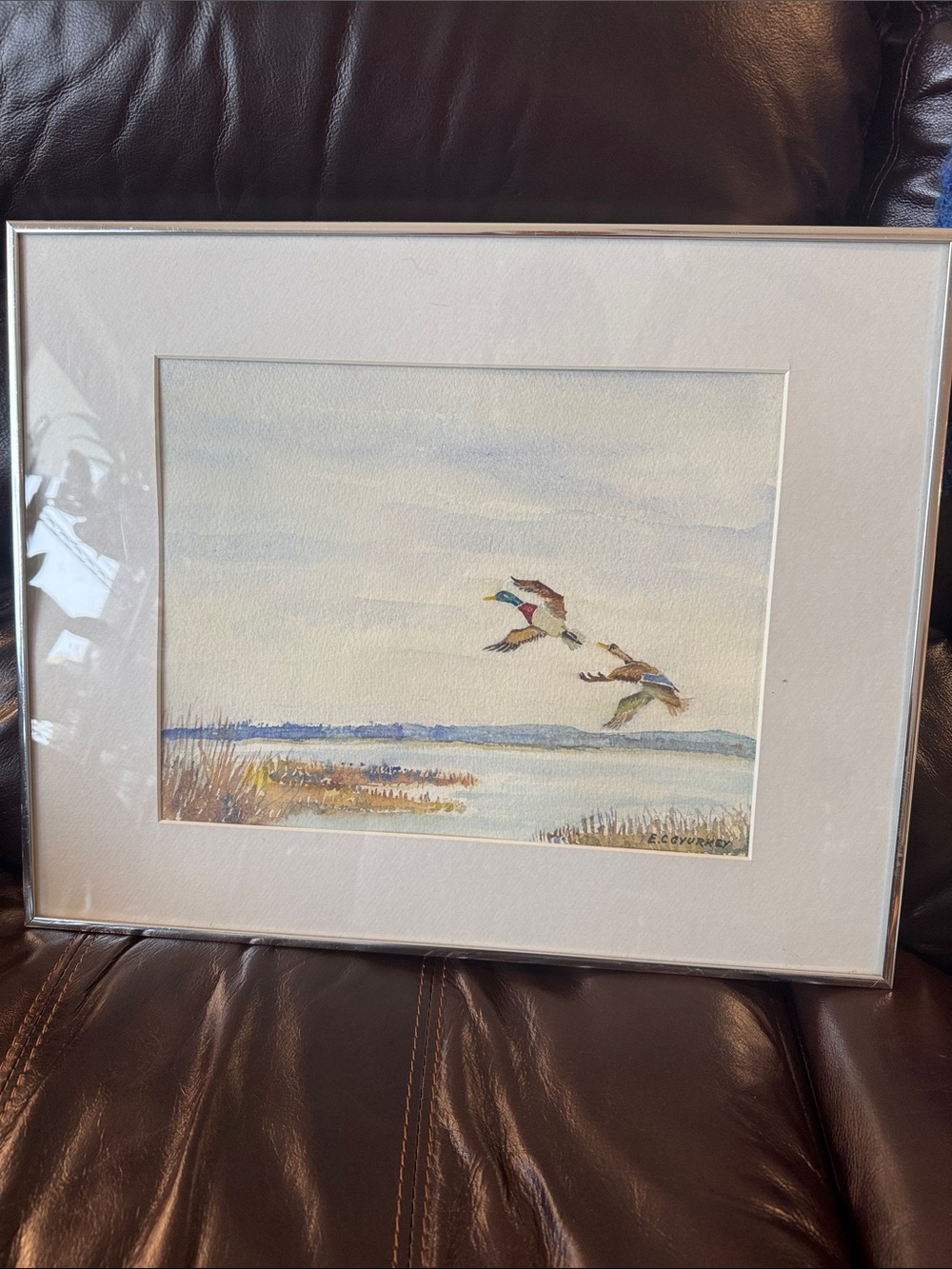Original EC Gyurkey Watercolor Marsh Scene with Flying Ducks Neutral Blue Brown